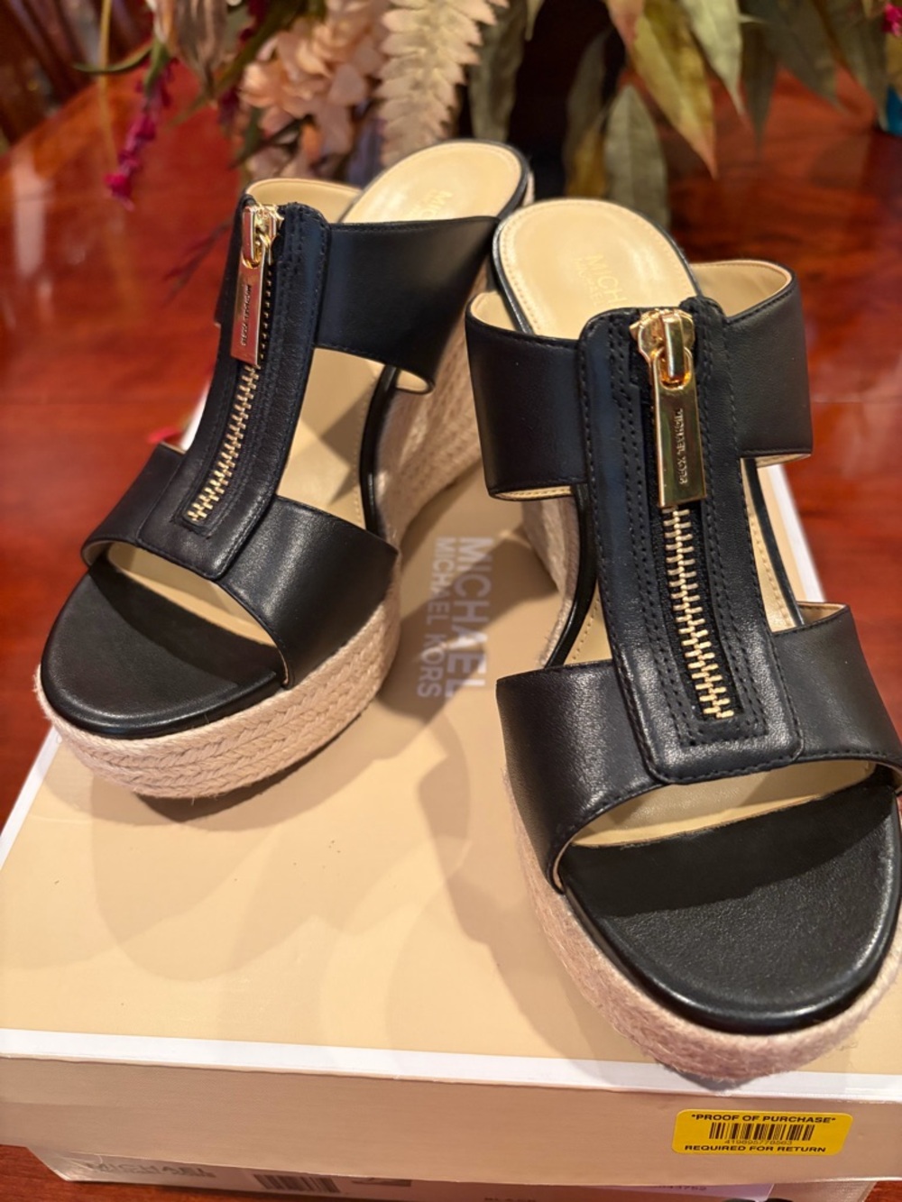 Michael Kors Black Leather Espadrille Wedge Sandals with Gold Zip Detail